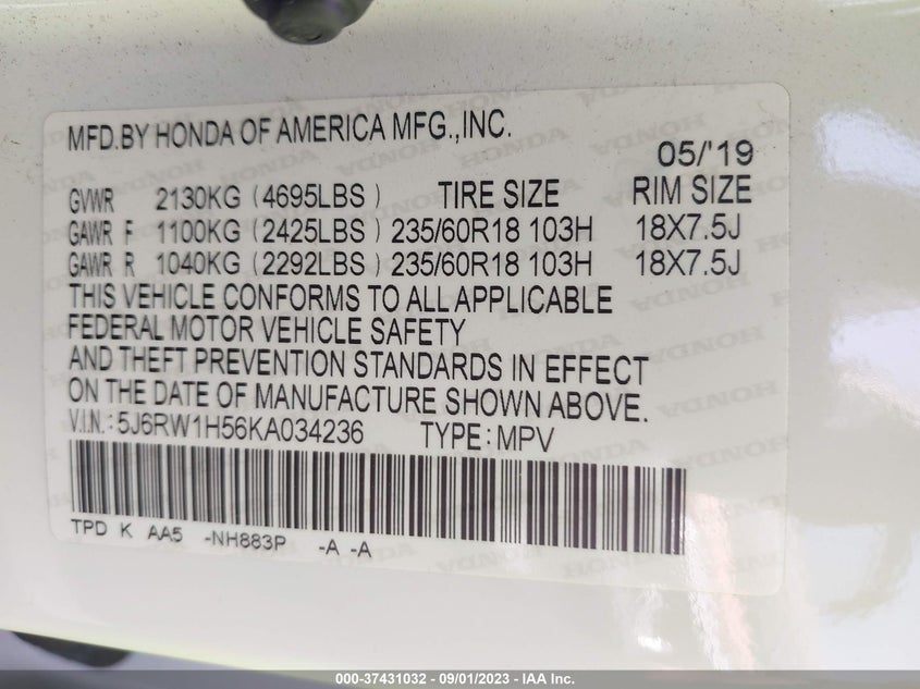 VIN 5J6RW1H56KA034236 2019 HONDA CR-V EX