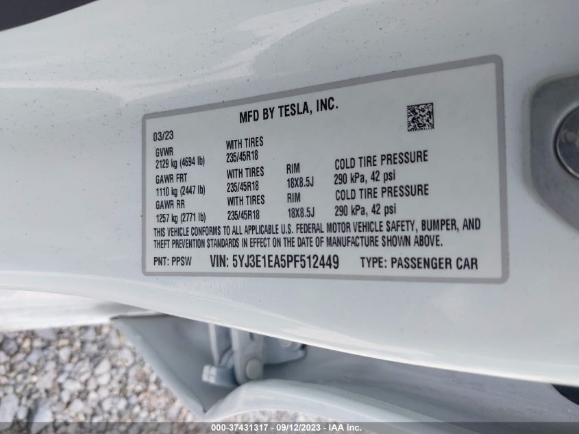 2023 TESLA MODEL 3 - 5YJ3E1EA5PF512449
