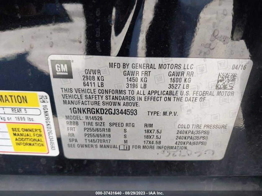 2016 CHEVROLET TRAVERSE LT - 1GNKRGKD2GJ344593