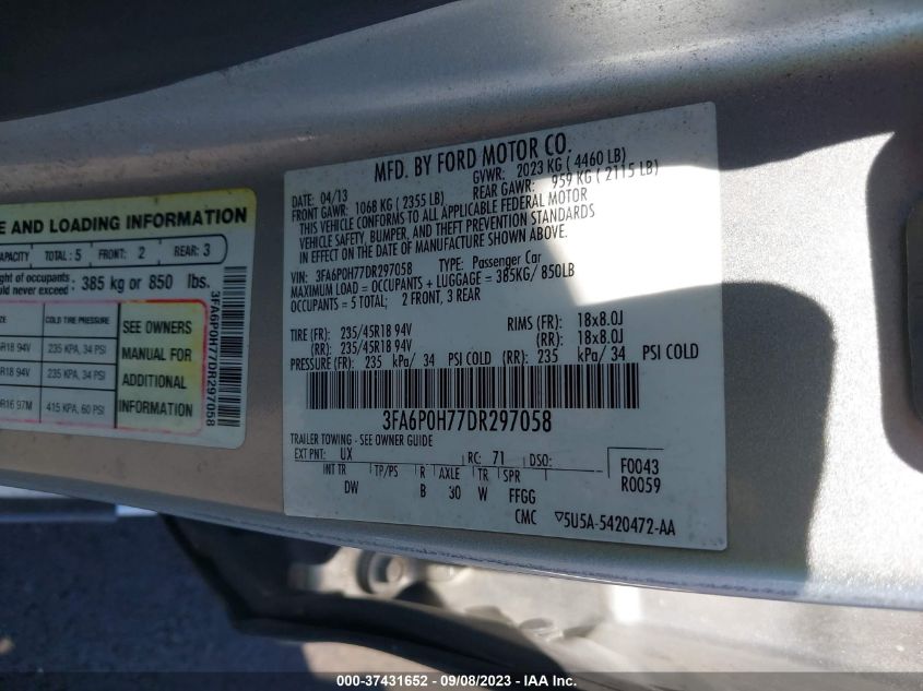 2013 FORD FUSION SE - 3FA6P0H77DR297058