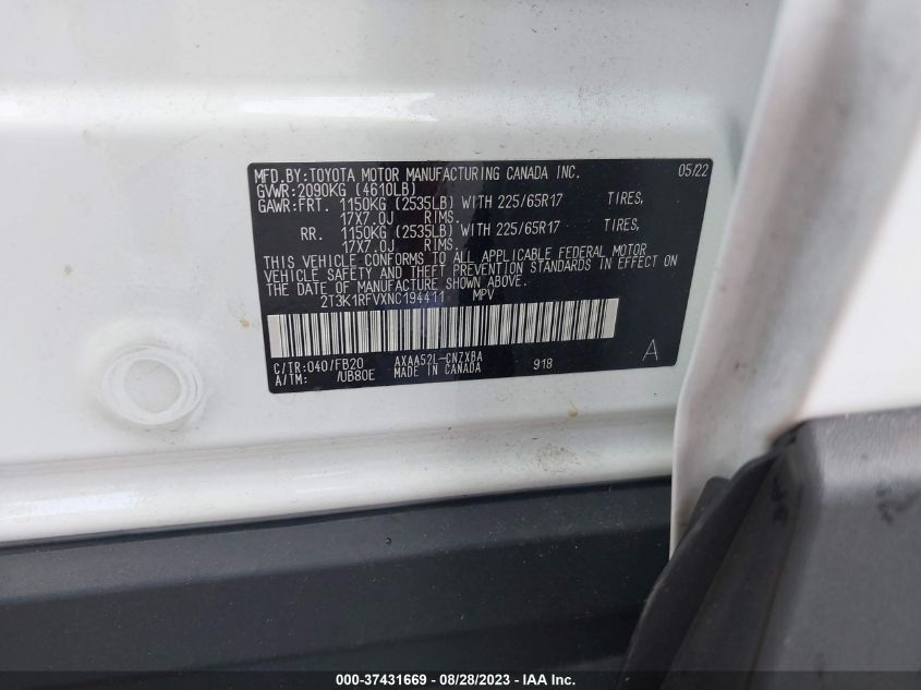 2022 TOYOTA RAV4 LE - 2T3K1RFVXNC194411