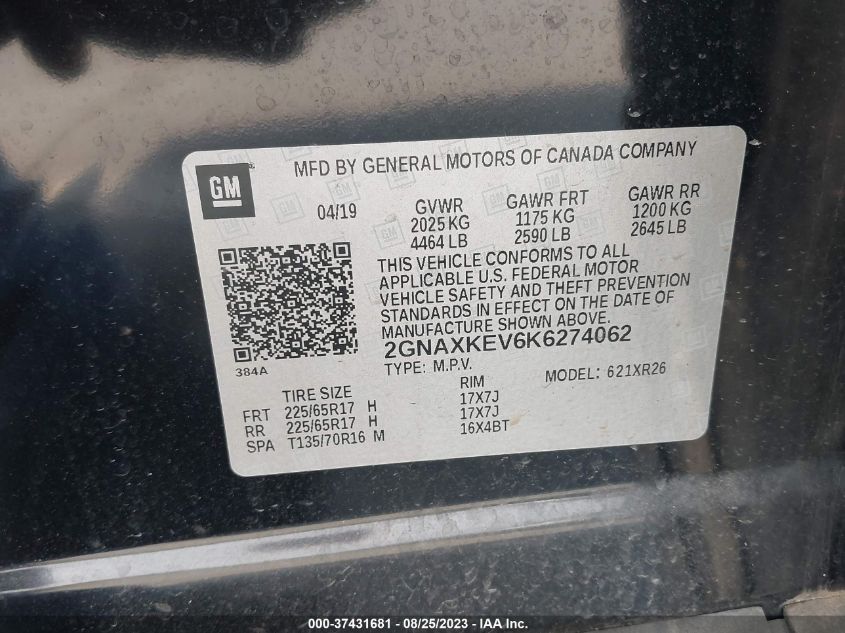 2019 CHEVROLET EQUINOX LT - 2GNAXKEV6K6274062