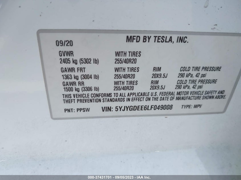 VIN 5YJYGDEE6LF049008 2020 TESLA MODEL Y