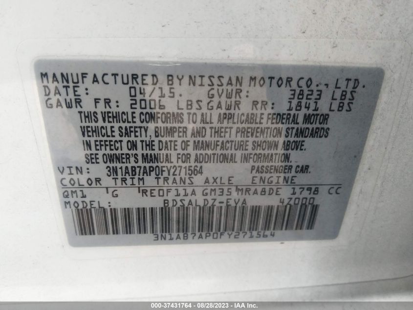 2015 NISSAN SENTRA SR/SL/S/SV/FE+ S - 3N1AB7AP0FY271564