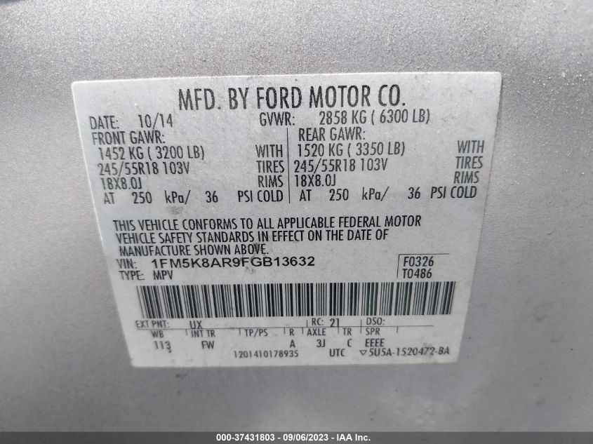 2015 FORD UTILITY POLICE 1FM5K8AR9FGB13632