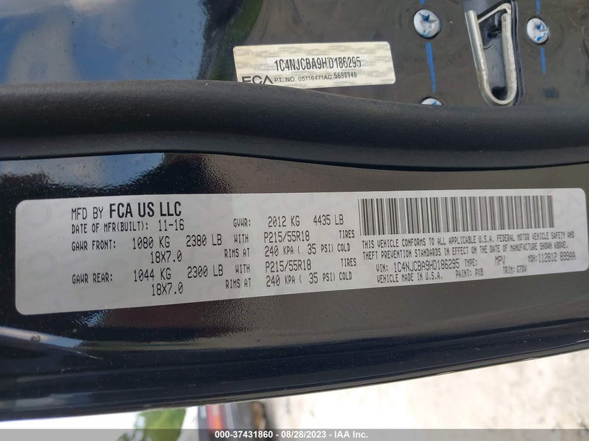 VIN 1C4NJCBA9HD186295 2017 JEEP COMPASS SPORT