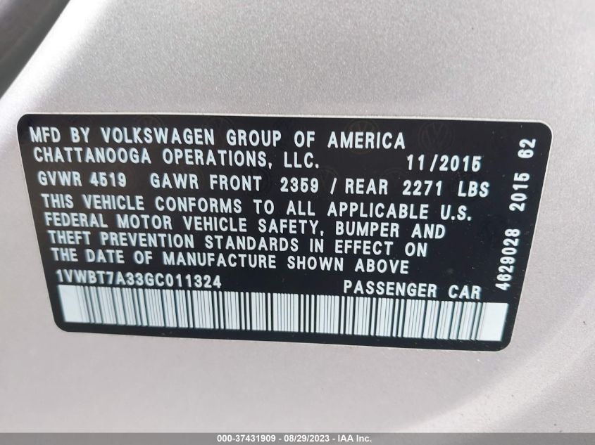 2016 VOLKSWAGEN PASSAT SE - 1VWBT7A33GC011324
