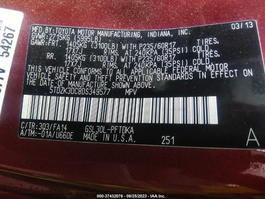 2013 TOYOTA SIENNA L - 5TDZK3DC8DS349577
