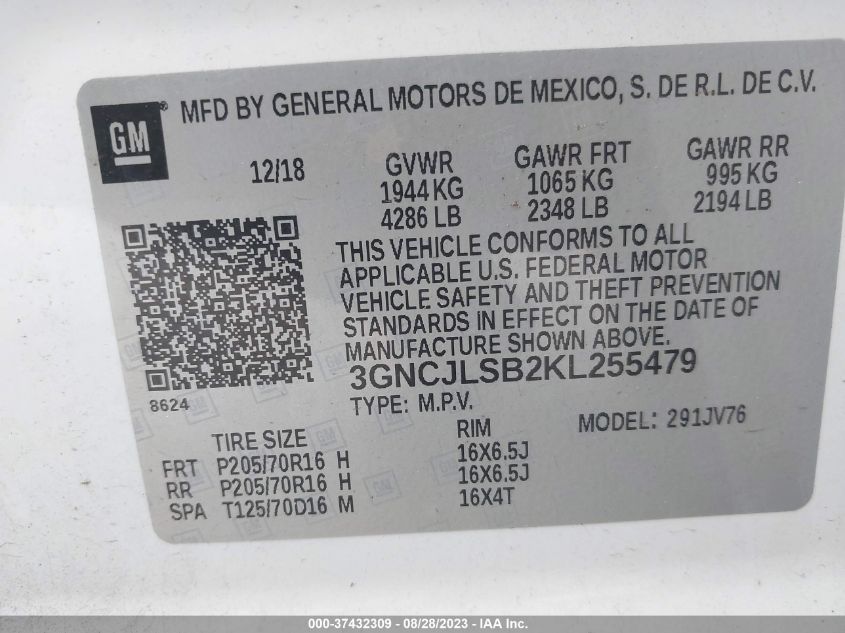 2019 CHEVROLET TRAX 1LT - 3GNCJLSB2KL255479