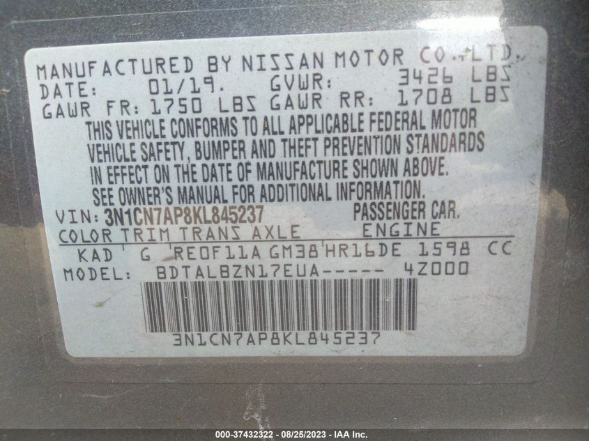 2019 NISSAN VERSA SEDAN SV - 3N1CN7AP8KL845237