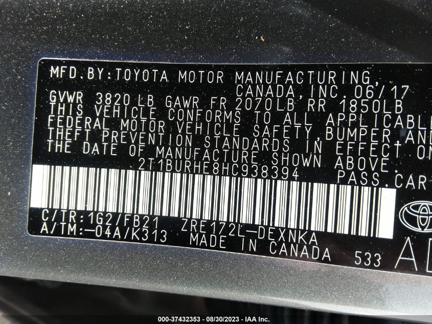 2017 TOYOTA COROLLA L/LE/XLE/SE - 2T1BURHE8HC938394