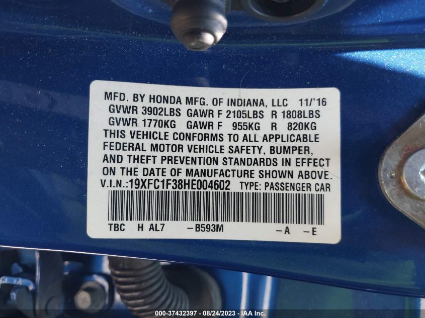 2017 HONDA CIVIC SEDAN EX-T - 19XFC1F38HE004602