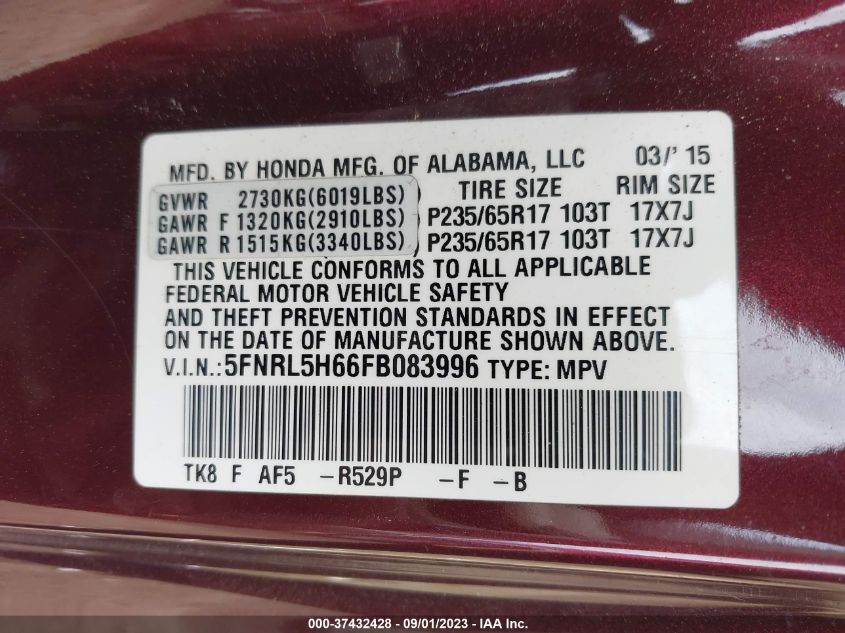 2015 HONDA ODYSSEY EX-L - 5FNRL5H66FB083996