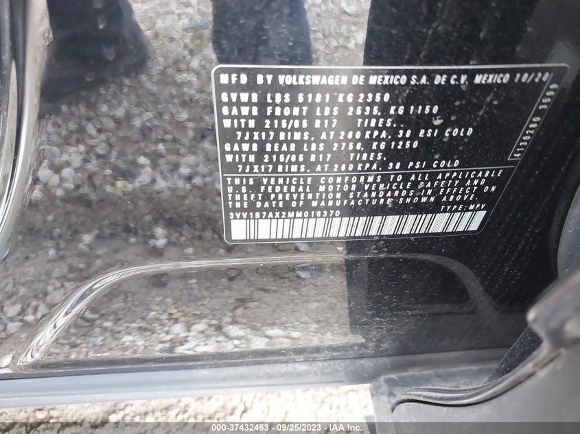 VIN 3VV1B7AX2MM016370 2021 VOLKSWAGEN TIGUAN S