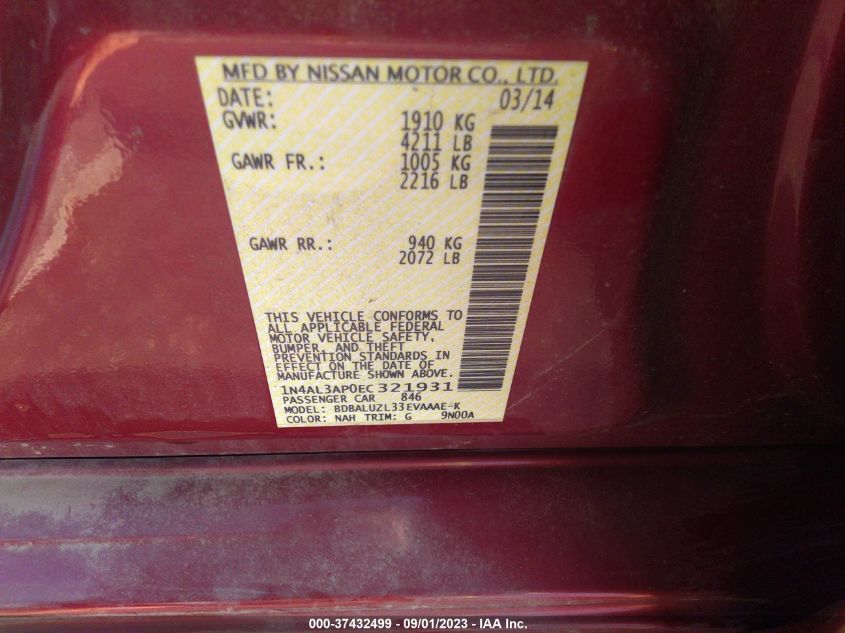 2014 NISSAN ALTIMA 2.5 SV - 1N4AL3AP0EC321931