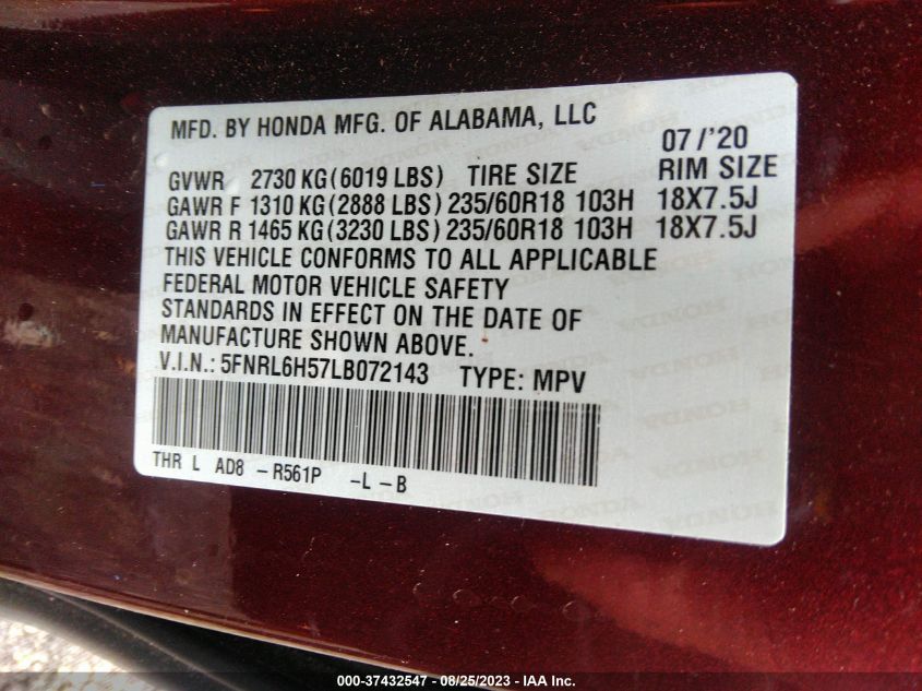 2020 HONDA ODYSSEY EX - 5FNRL6H57LB072143