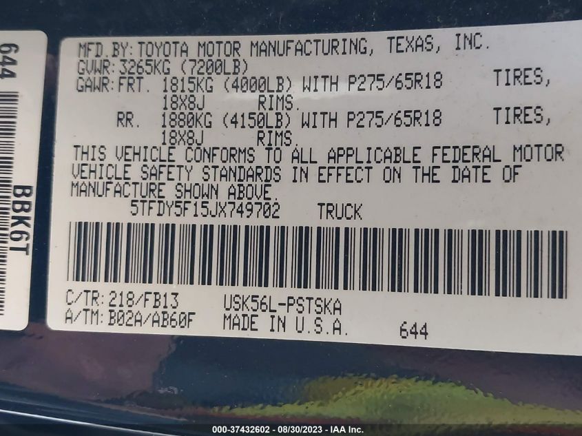 2018 TOYOTA TUNDRA SR5 5.7L V8 - 5TFDY5F15JX749702