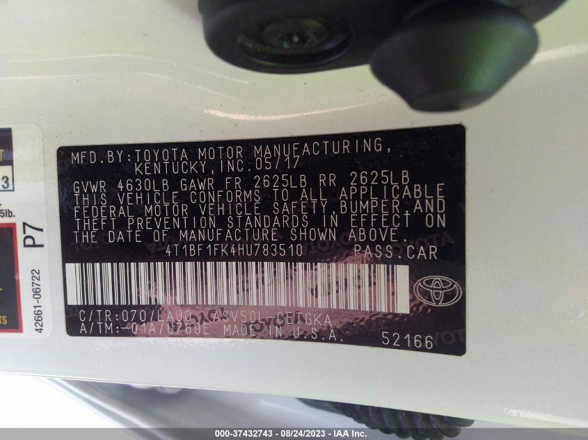 2017 TOYOTA CAMRY XLE/SE/LE/XSE - 4T1BF1FK4HU783510