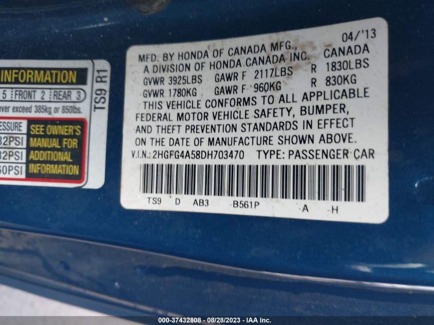2013 HONDA CIVIC CPE SI 2HGFG4A58DH703470