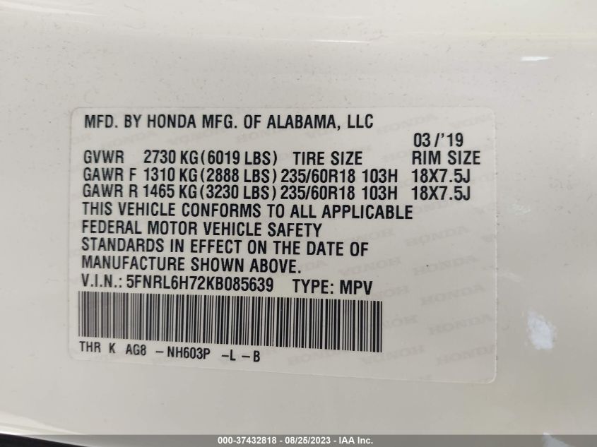 2019 HONDA ODYSSEY EXL - 5FNRL6H72KB085639