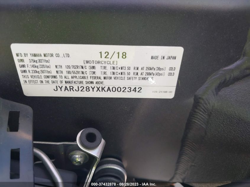 2019 YAMAHA YZFR6 C JYARJ28YXKA002342
