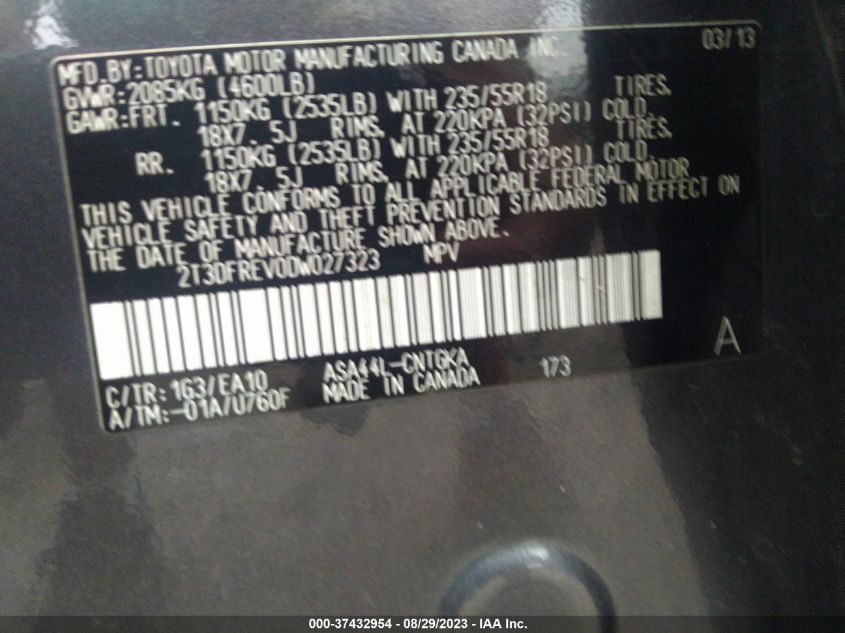2013 TOYOTA RAV4 LIMITED - 2T3DFREV0DW027323