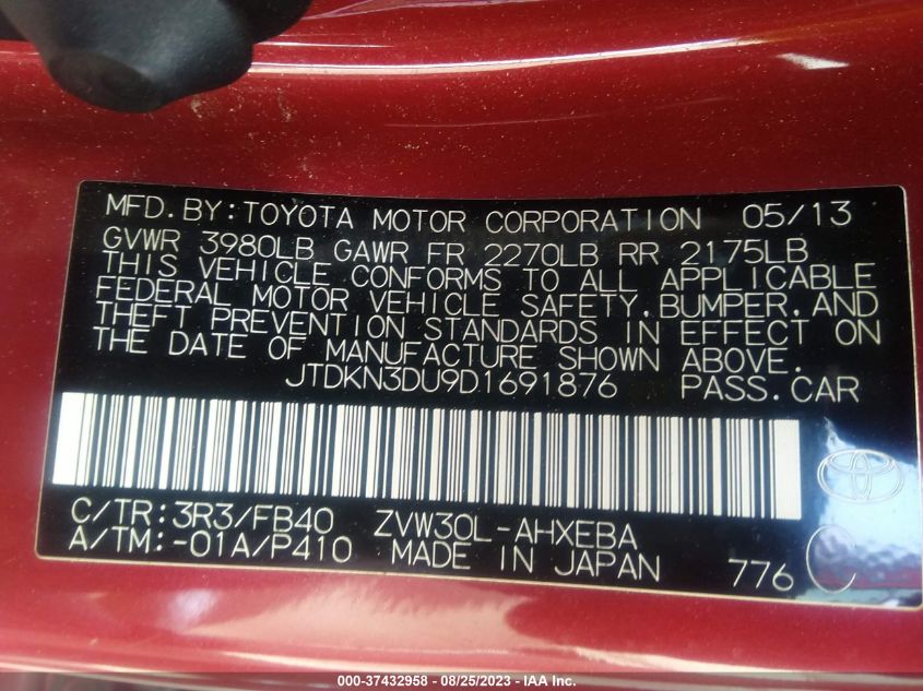 2013 TOYOTA PRIUS ONE/TWO/THREE/FOUR/FIVE - JTDKN3DU9D1691876