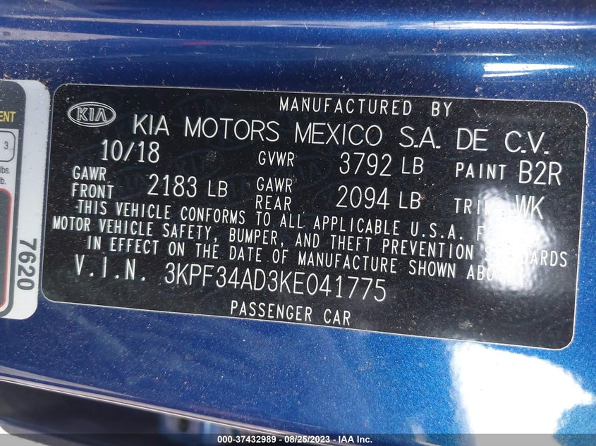 VIN 3KPF34AD3KE041775 2019 KIA FORTE S