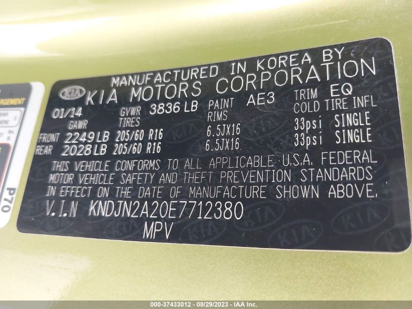 2014 KIA SOUL BASE - KNDJN2A20E7712380