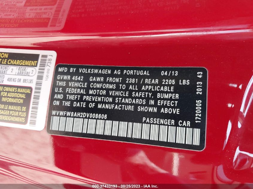 2013 VOLKSWAGEN EOS LUX WVWFW8AH2DV008606