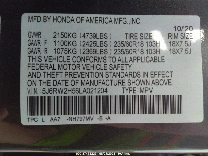 VIN 5J6RW2H56LA021204 2020 HONDA CR-V EX