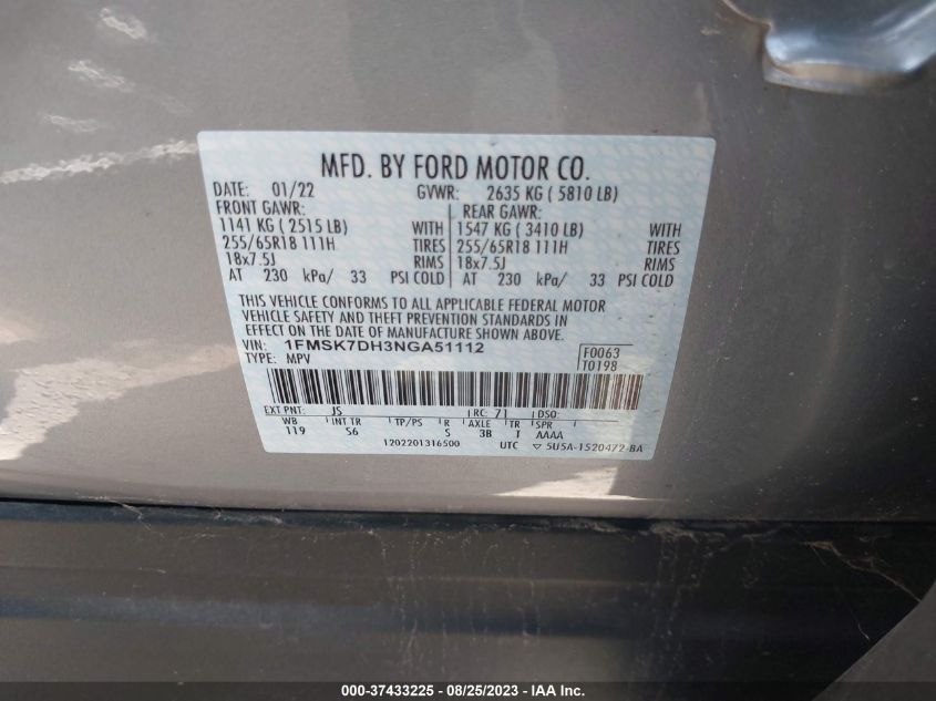 2022 FORD EXPLORER XLT - 1FMSK7DH3NGA51112