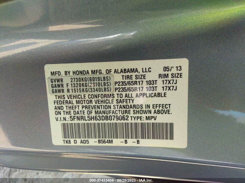 2013 HONDA ODYSSEY EX-L - 5FNRL5H63DB079062
