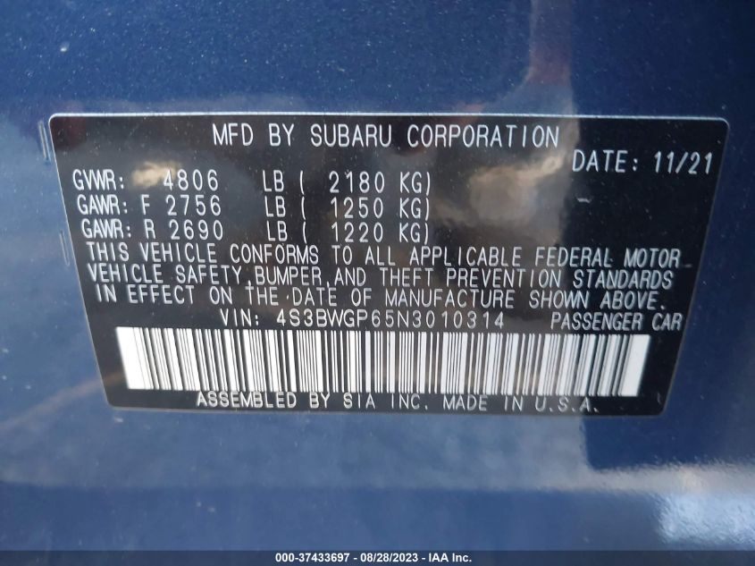 VIN 4S3BWGP65N3010314 2022 SUBARU LEGACY TOURING XT