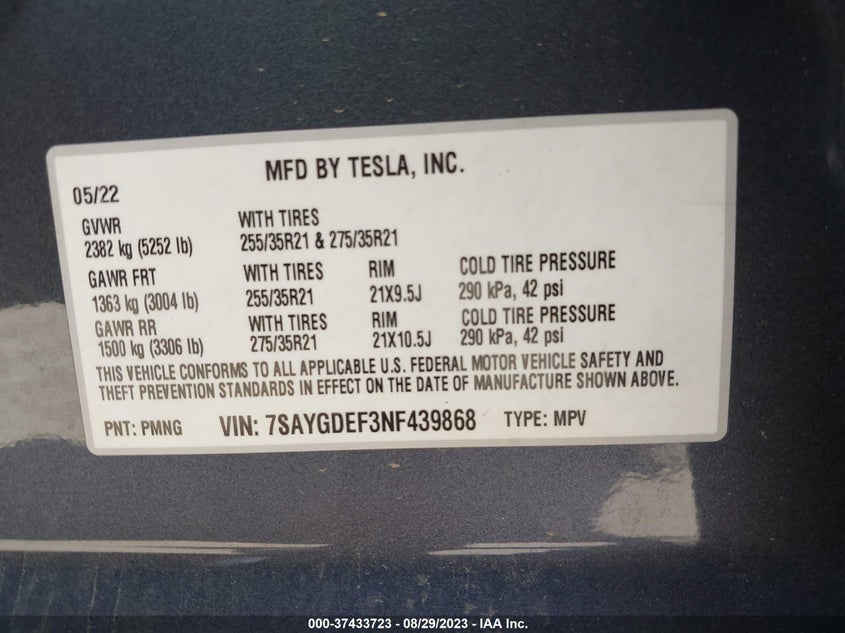 VIN 7SAYGDEF3NF439868 2022 TESLA MODEL Y