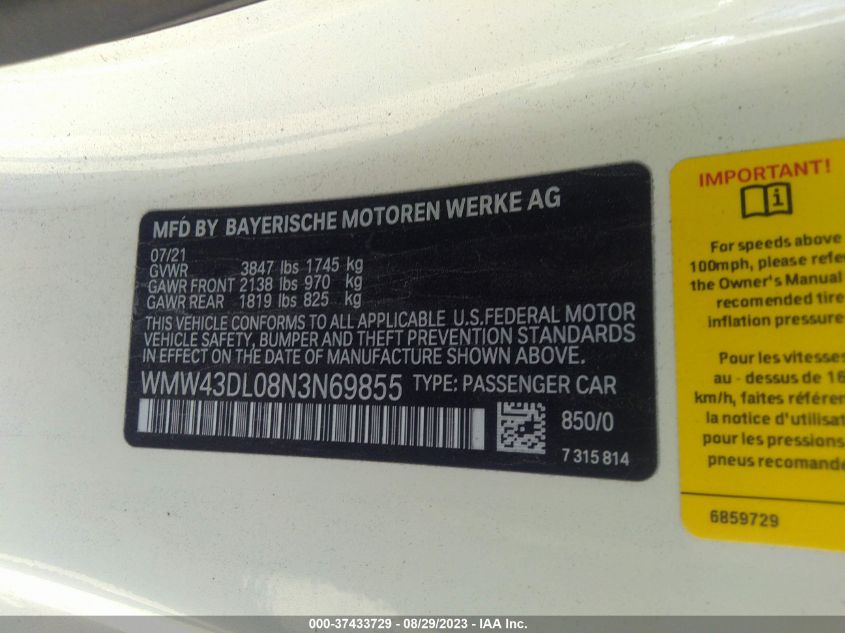 2022 MINI CONVERTIBLE COOPER S WMW43DL08N3N69855