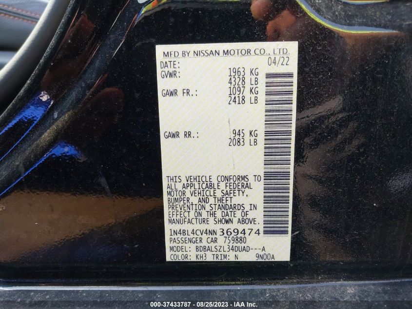2022 NISSAN ALTIMA SR - 1N4BL4CV4NN369474