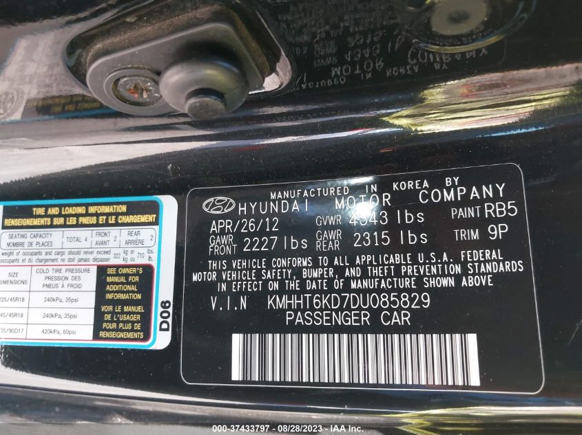 2013 HYUNDAI GENESIS  2.0T KMHHT6KD7DU085829