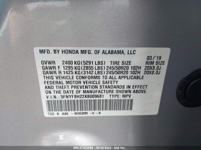 2019 HONDA PASSPORT SPORT 5FNYF8H22KB009681