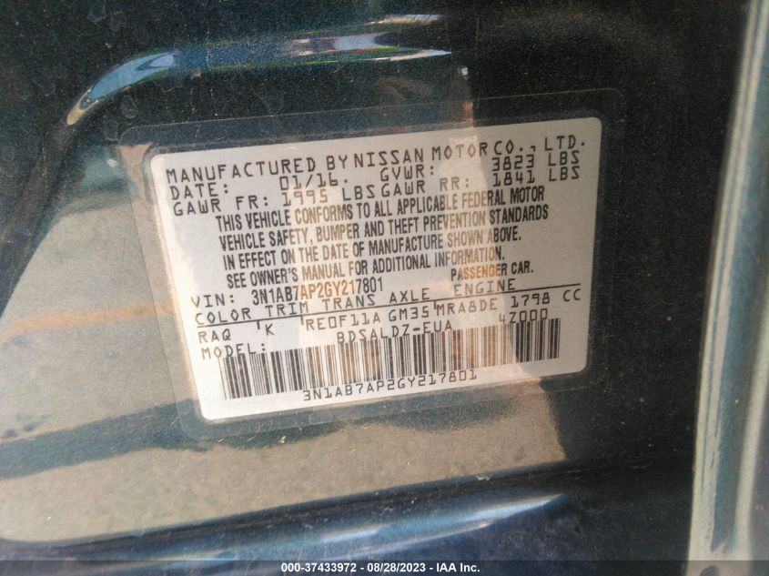 2016 NISSAN SENTRA S/SV/SR/SL - 3N1AB7AP2GY217801