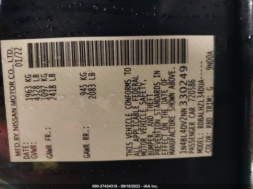 VIN 1N4BL4DV2NN330249 2022 NISSAN ALTIMA 2.5 SV