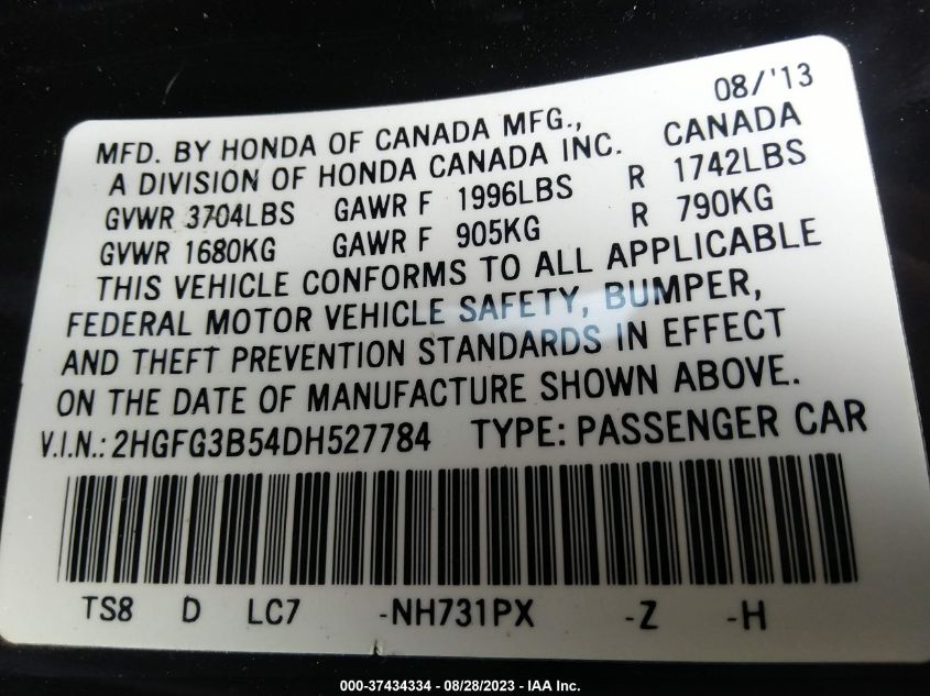2013 HONDA CIVIC CPE LX 2HGFG3B54DH527784