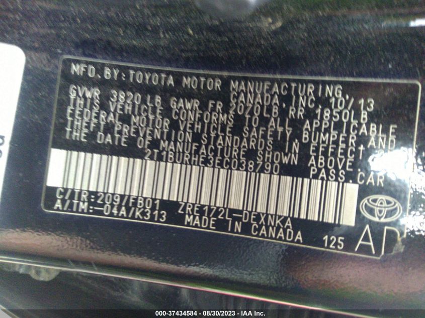 2014 TOYOTA COROLLA L/LE/LE PLS/PRM/S/S PLS - 2T1BURHE3EC038790