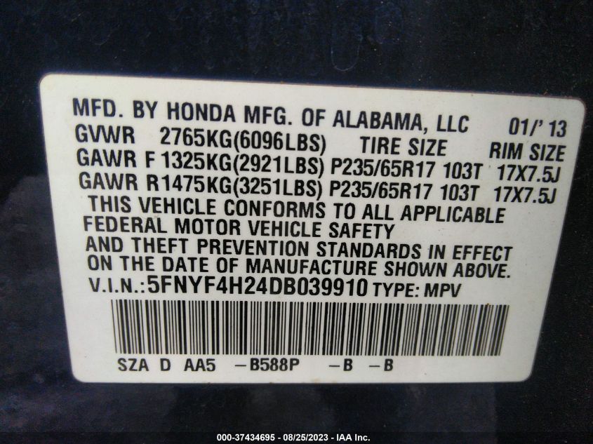 2013 HONDA PILOT LX - 5FNYF4H24DB039910