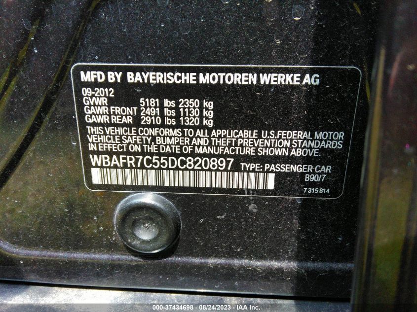 2013 BMW 5 SERIES 535I - WBAFR7C55DC820897