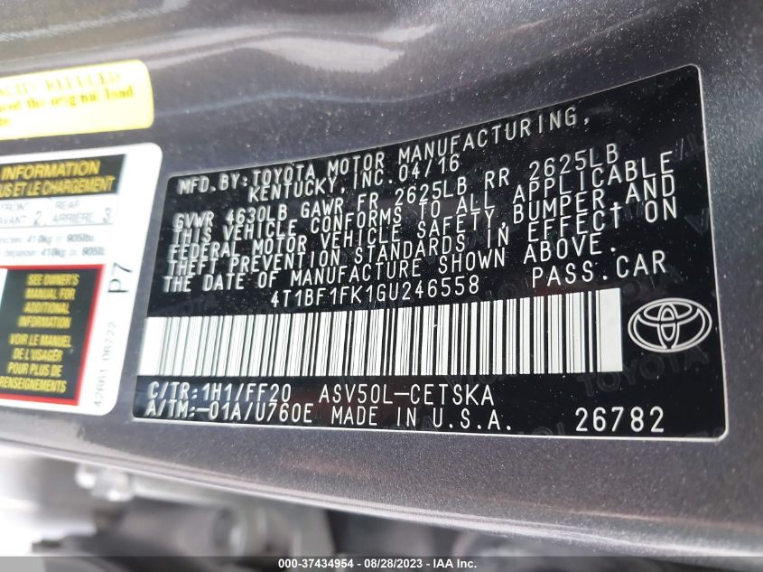 2016 TOYOTA CAMRY XLE/SE/LE/XSE - 4T1BF1FK1GU246558