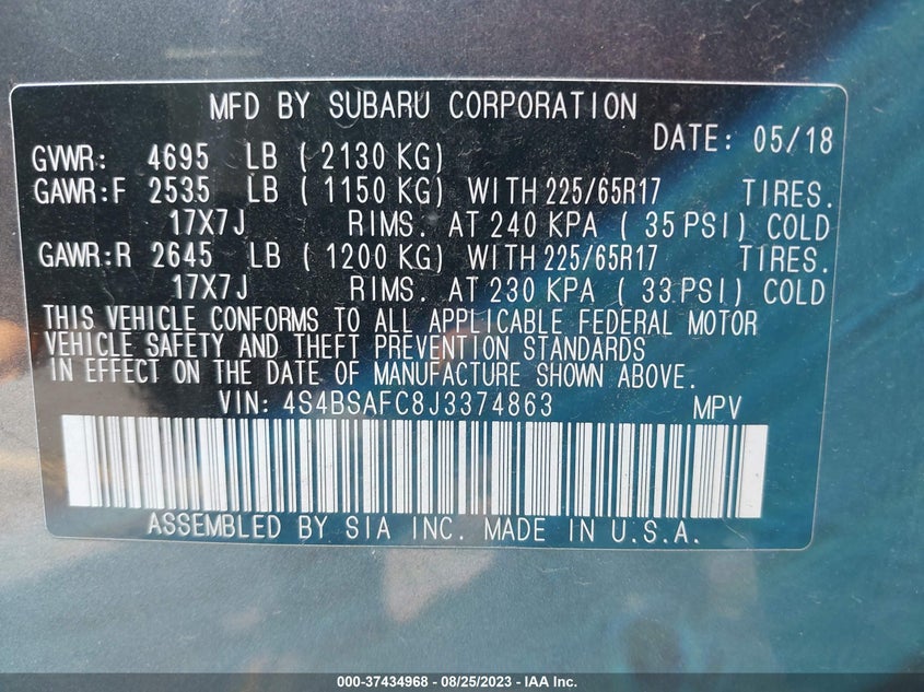 VIN 4S4BSAFC8J3374863 2018 SUBARU OUTBACK PREMIUM