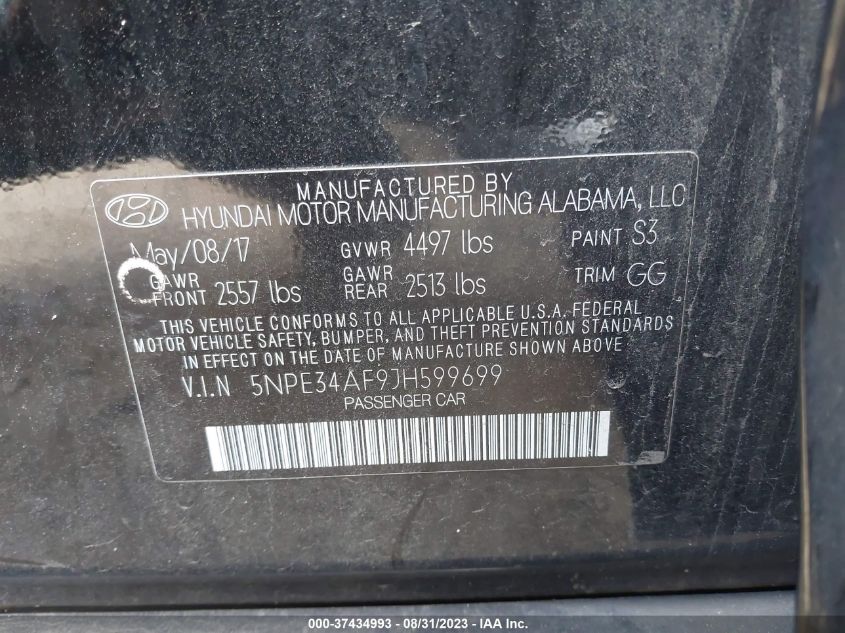 2018 HYUNDAI SONATA SEL - 5NPE34AF9JH599699