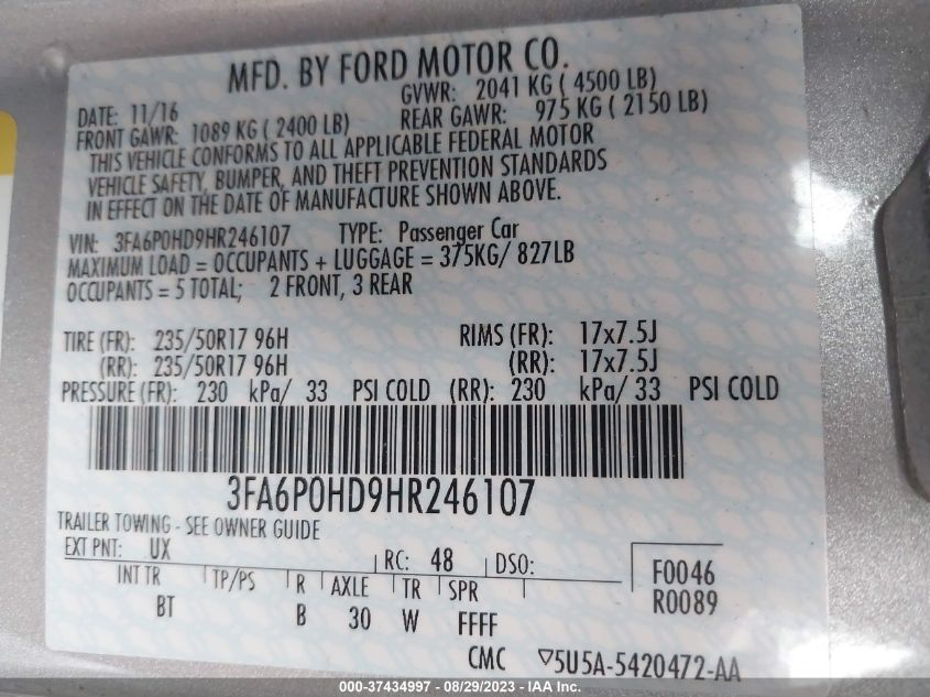 2017 FORD FUSION SE - 3FA6P0HD9HR246107