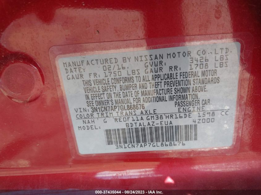 2016 NISSAN VERSA S PLUS - 3N1CN7AP7GL868676